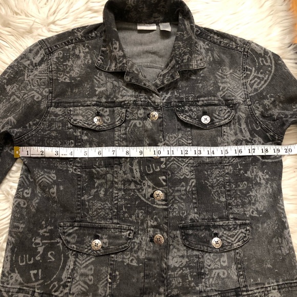Chico’s Abstract Tribal Grunge Western Patterned Black Gray Denim Jean Jacket 1 - Picture 9 of 11